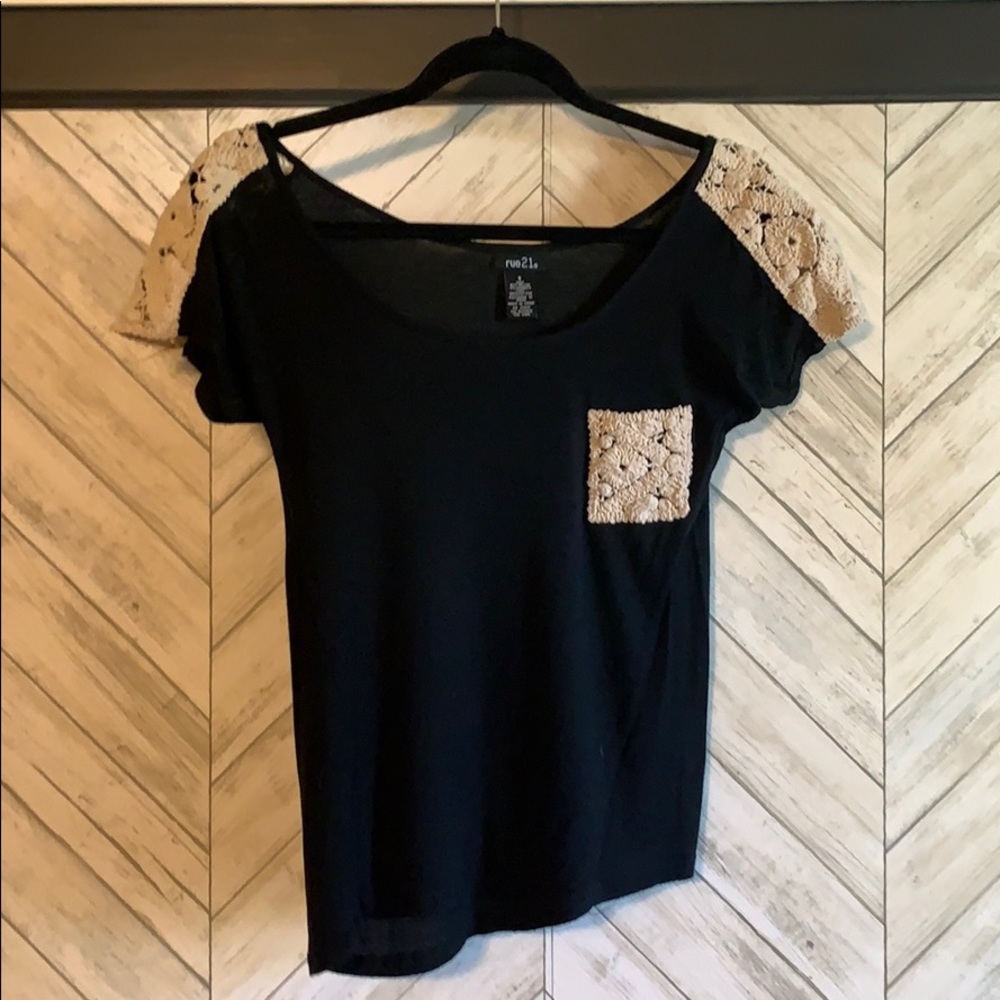 Black Short Sleeve T-shirt with Cream Lace Detail